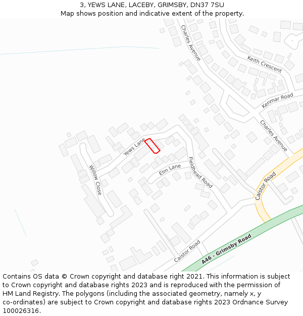 3, YEWS LANE, LACEBY, GRIMSBY, DN37 7SU: Location map and indicative extent of plot