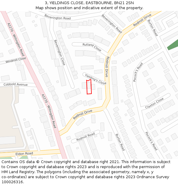3, YIELDINGS CLOSE, EASTBOURNE, BN21 2SN: Location map and indicative extent of plot