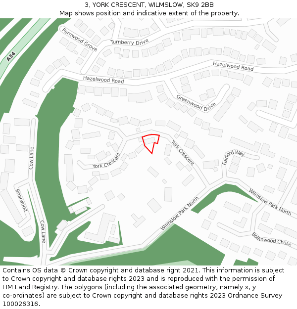 3, YORK CRESCENT, WILMSLOW, SK9 2BB: Location map and indicative extent of plot