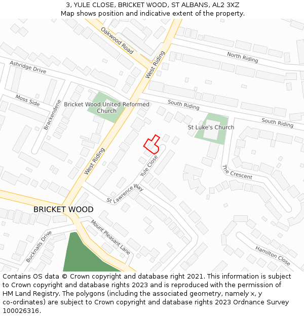 3, YULE CLOSE, BRICKET WOOD, ST ALBANS, AL2 3XZ: Location map and indicative extent of plot