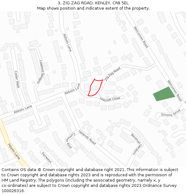 3, ZIG ZAG ROAD, KENLEY, CR8 5EL: Location map and indicative extent of plot