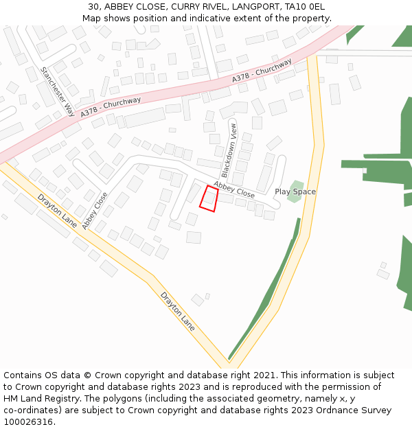 30, ABBEY CLOSE, CURRY RIVEL, LANGPORT, TA10 0EL: Location map and indicative extent of plot