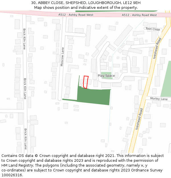30, ABBEY CLOSE, SHEPSHED, LOUGHBOROUGH, LE12 9EH: Location map and indicative extent of plot