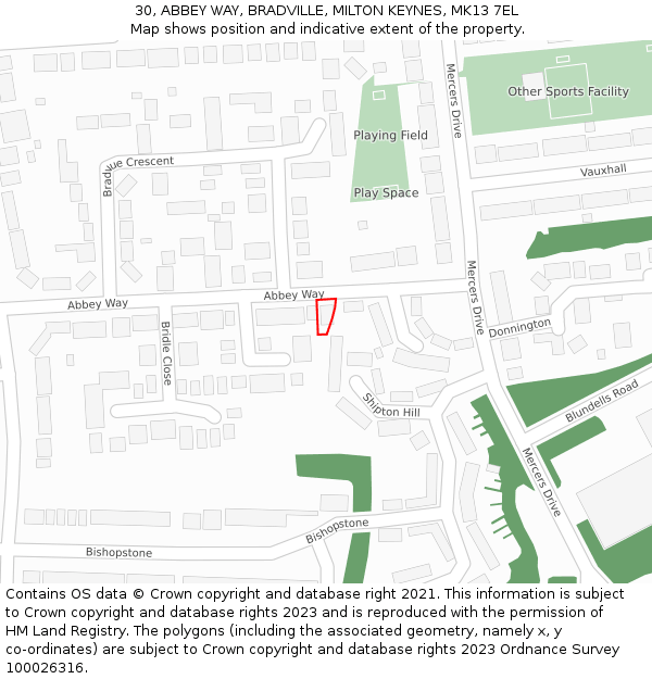 30, ABBEY WAY, BRADVILLE, MILTON KEYNES, MK13 7EL: Location map and indicative extent of plot