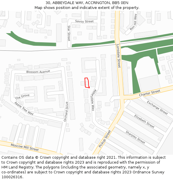 30, ABBEYDALE WAY, ACCRINGTON, BB5 0EN: Location map and indicative extent of plot