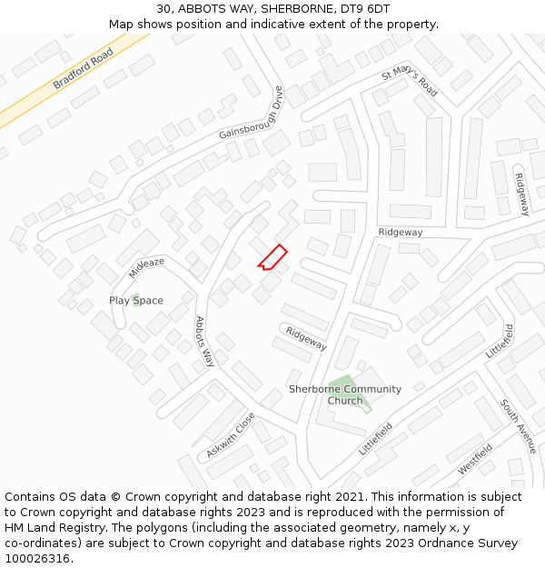 30, ABBOTS WAY, SHERBORNE, DT9 6DT: Location map and indicative extent of plot