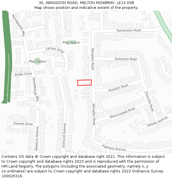 30, ABINGDON ROAD, MELTON MOWBRAY, LE13 0SB: Location map and indicative extent of plot
