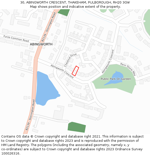 30, ABINGWORTH CRESCENT, THAKEHAM, PULBOROUGH, RH20 3GW: Location map and indicative extent of plot