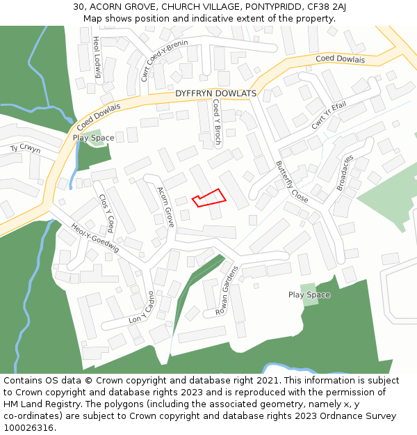 30, ACORN GROVE, CHURCH VILLAGE, PONTYPRIDD, CF38 2AJ: Location map and indicative extent of plot