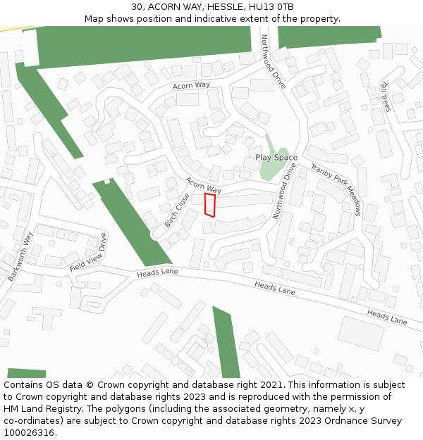 30, ACORN WAY, HESSLE, HU13 0TB: Location map and indicative extent of plot
