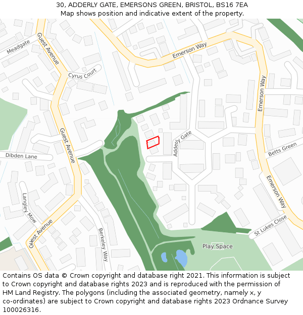30, ADDERLY GATE, EMERSONS GREEN, BRISTOL, BS16 7EA: Location map and indicative extent of plot