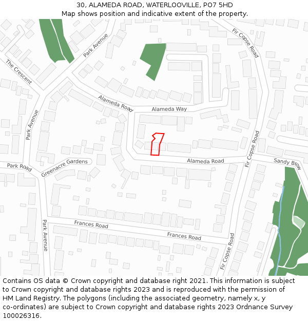 30, ALAMEDA ROAD, WATERLOOVILLE, PO7 5HD: Location map and indicative extent of plot