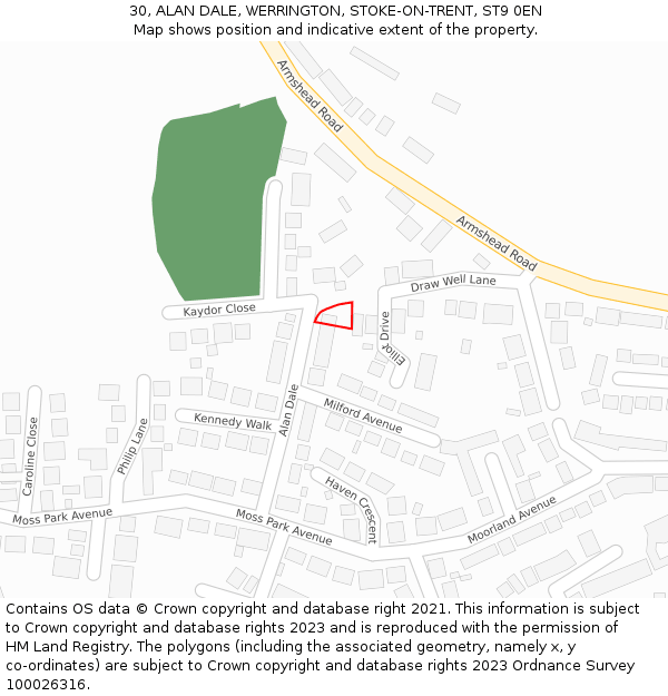 30, ALAN DALE, WERRINGTON, STOKE-ON-TRENT, ST9 0EN: Location map and indicative extent of plot