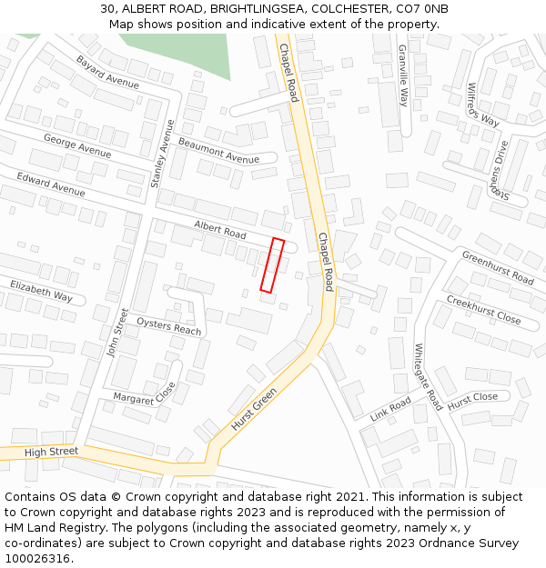 30, ALBERT ROAD, BRIGHTLINGSEA, COLCHESTER, CO7 0NB: Location map and indicative extent of plot