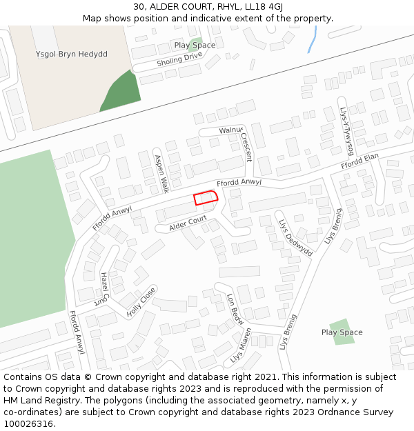 30, ALDER COURT, RHYL, LL18 4GJ: Location map and indicative extent of plot