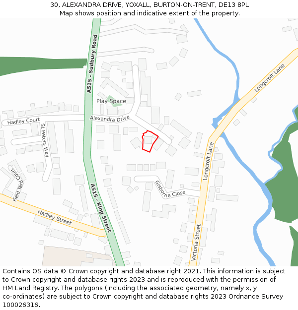 30, ALEXANDRA DRIVE, YOXALL, BURTON-ON-TRENT, DE13 8PL: Location map and indicative extent of plot