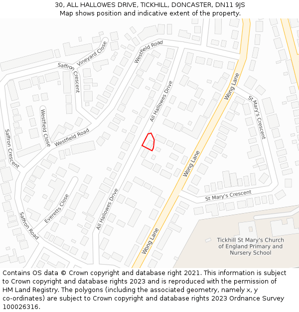 30, ALL HALLOWES DRIVE, TICKHILL, DONCASTER, DN11 9JS: Location map and indicative extent of plot