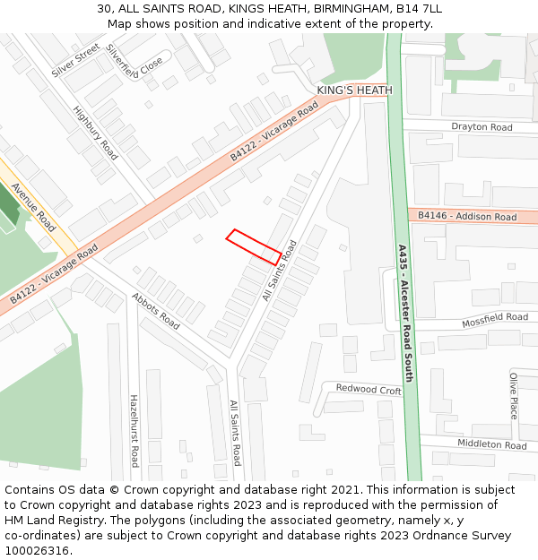 30, ALL SAINTS ROAD, KINGS HEATH, BIRMINGHAM, B14 7LL: Location map and indicative extent of plot