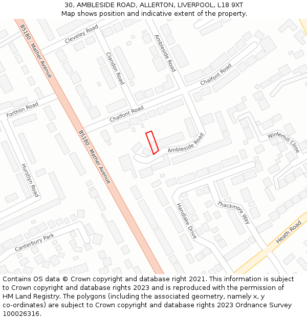 30, AMBLESIDE ROAD, ALLERTON, LIVERPOOL, L18 9XT: Location map and indicative extent of plot