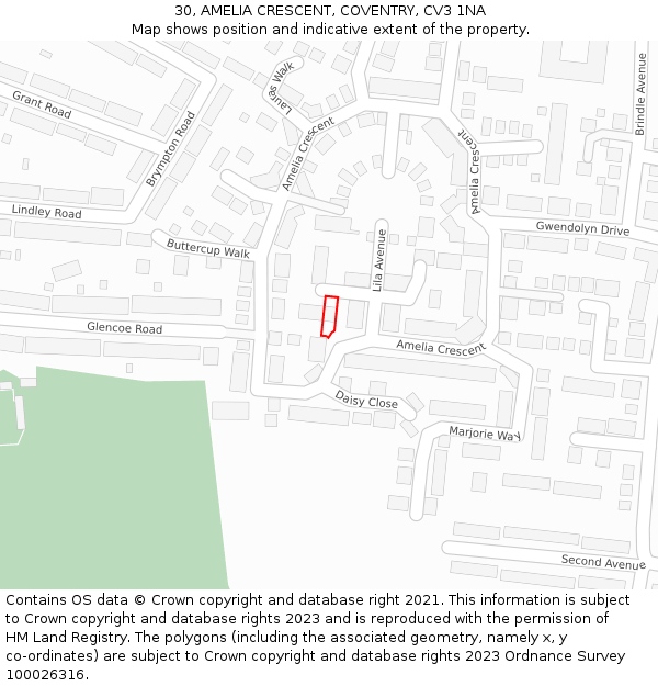 30, AMELIA CRESCENT, COVENTRY, CV3 1NA: Location map and indicative extent of plot