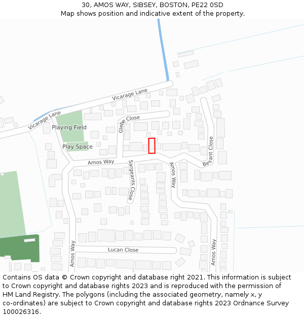 30, AMOS WAY, SIBSEY, BOSTON, PE22 0SD: Location map and indicative extent of plot