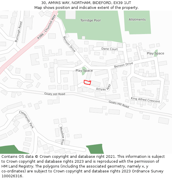 30, AMYAS WAY, NORTHAM, BIDEFORD, EX39 1UT: Location map and indicative extent of plot