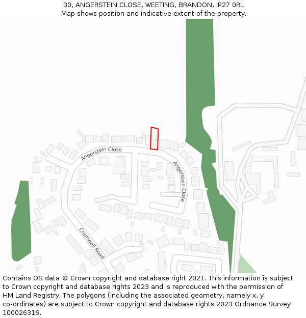 30, ANGERSTEIN CLOSE, WEETING, BRANDON, IP27 0RL: Location map and indicative extent of plot