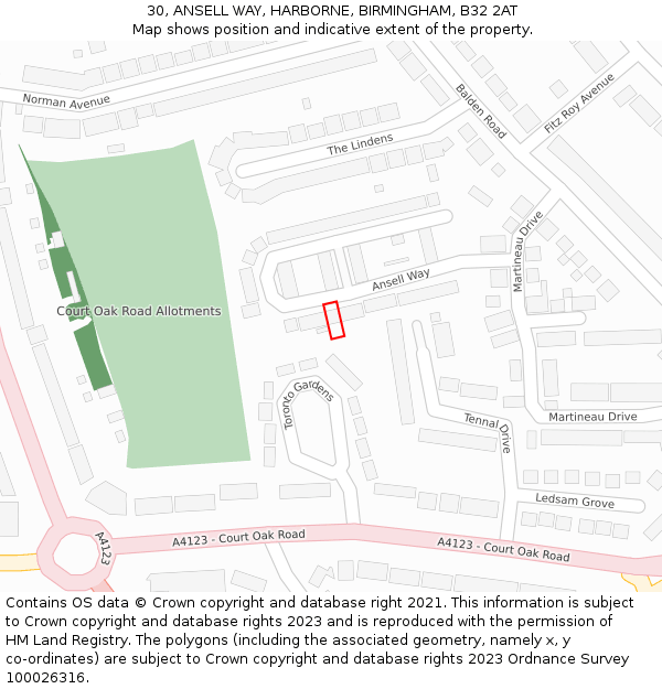 30, ANSELL WAY, HARBORNE, BIRMINGHAM, B32 2AT: Location map and indicative extent of plot