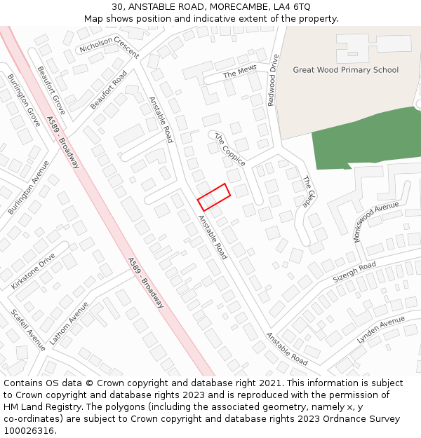 30, ANSTABLE ROAD, MORECAMBE, LA4 6TQ: Location map and indicative extent of plot