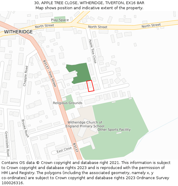 30, APPLE TREE CLOSE, WITHERIDGE, TIVERTON, EX16 8AR: Location map and indicative extent of plot