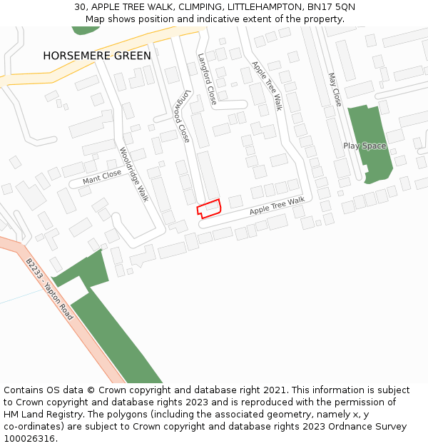 30, APPLE TREE WALK, CLIMPING, LITTLEHAMPTON, BN17 5QN: Location map and indicative extent of plot