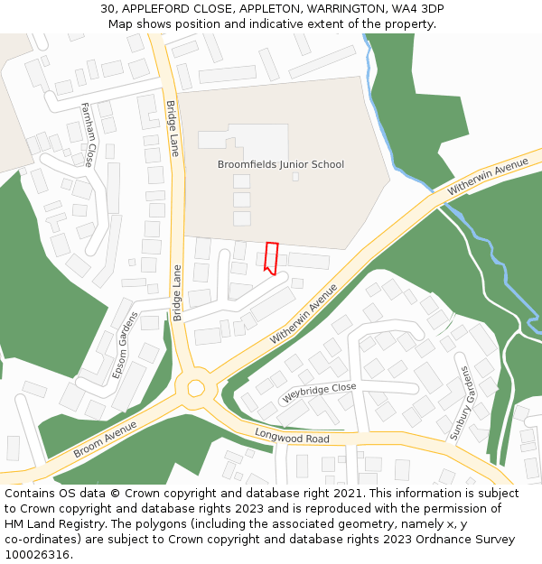 30, APPLEFORD CLOSE, APPLETON, WARRINGTON, WA4 3DP: Location map and indicative extent of plot