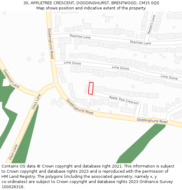 30, APPLETREE CRESCENT, DODDINGHURST, BRENTWOOD, CM15 0QS: Location map and indicative extent of plot