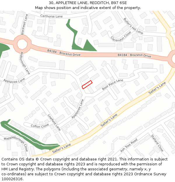 30, APPLETREE LANE, REDDITCH, B97 6SE: Location map and indicative extent of plot