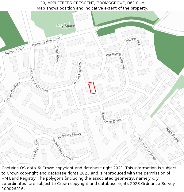 30, APPLETREES CRESCENT, BROMSGROVE, B61 0UA: Location map and indicative extent of plot