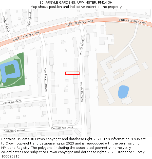 30, ARGYLE GARDENS, UPMINSTER, RM14 3HJ: Location map and indicative extent of plot