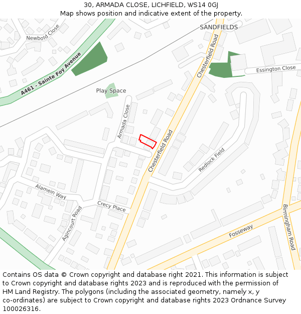 30, ARMADA CLOSE, LICHFIELD, WS14 0GJ: Location map and indicative extent of plot