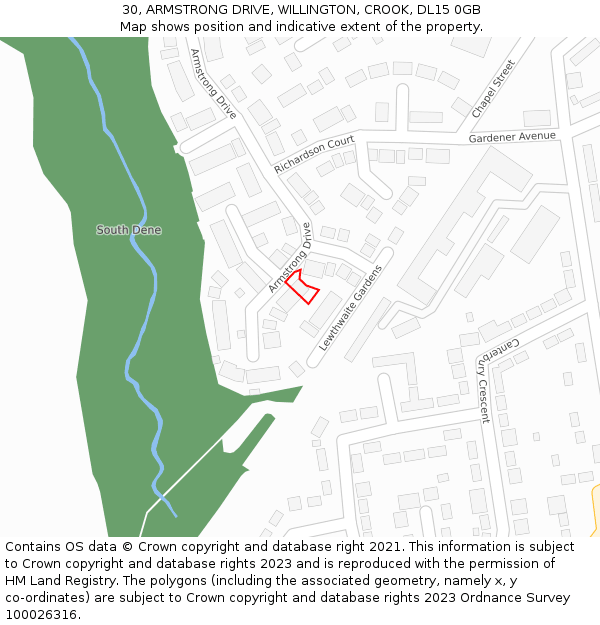 30, ARMSTRONG DRIVE, WILLINGTON, CROOK, DL15 0GB: Location map and indicative extent of plot