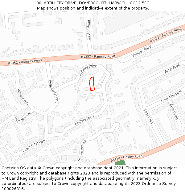 30, ARTILLERY DRIVE, DOVERCOURT, HARWICH, CO12 5FG: Location map and indicative extent of plot