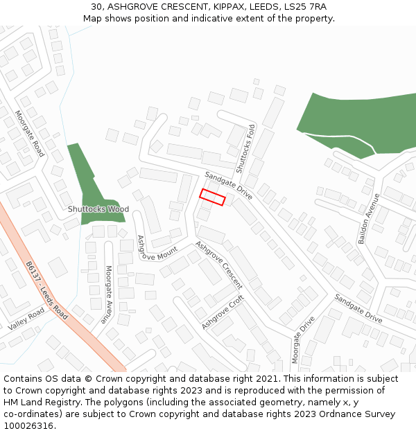 30, ASHGROVE CRESCENT, KIPPAX, LEEDS, LS25 7RA: Location map and indicative extent of plot