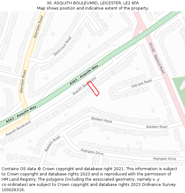 30, ASQUITH BOULEVARD, LEICESTER, LE2 6FA: Location map and indicative extent of plot