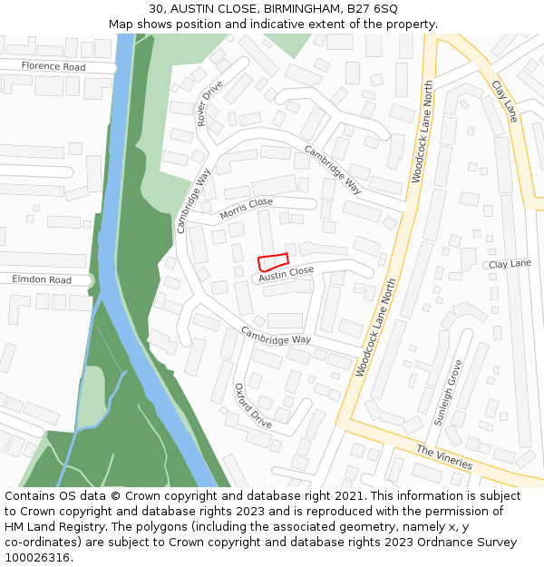 30, AUSTIN CLOSE, BIRMINGHAM, B27 6SQ: Location map and indicative extent of plot