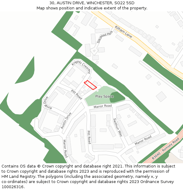 30, AUSTIN DRIVE, WINCHESTER, SO22 5SD: Location map and indicative extent of plot