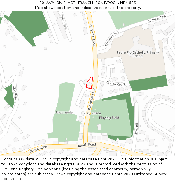 30, AVALON PLACE, TRANCH, PONTYPOOL, NP4 6ES: Location map and indicative extent of plot