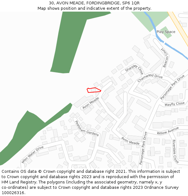 30, AVON MEADE, FORDINGBRIDGE, SP6 1QR: Location map and indicative extent of plot