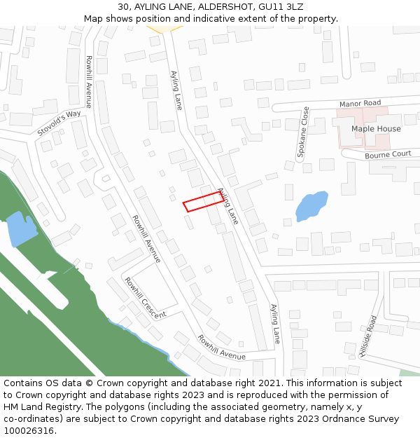 30, AYLING LANE, ALDERSHOT, GU11 3LZ: Location map and indicative extent of plot