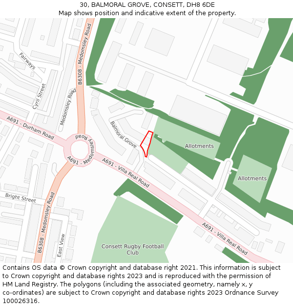 30, BALMORAL GROVE, CONSETT, DH8 6DE: Location map and indicative extent of plot