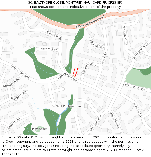 30, BALTIMORE CLOSE, PONTPRENNAU, CARDIFF, CF23 8PX: Location map and indicative extent of plot