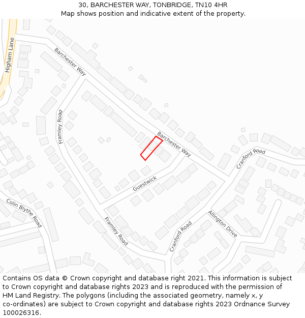 30, BARCHESTER WAY, TONBRIDGE, TN10 4HR: Location map and indicative extent of plot