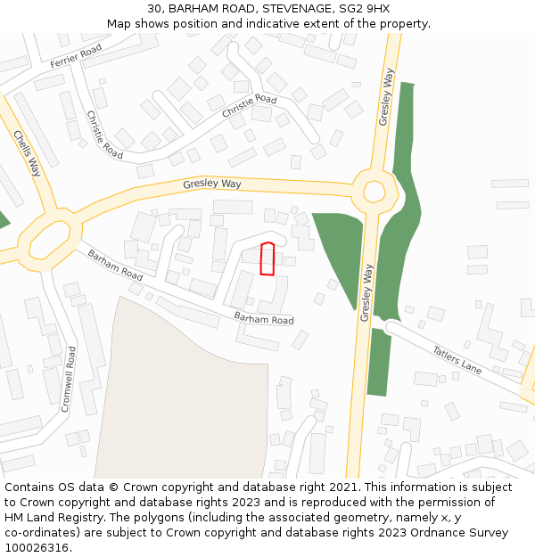 30, BARHAM ROAD, STEVENAGE, SG2 9HX: Location map and indicative extent of plot